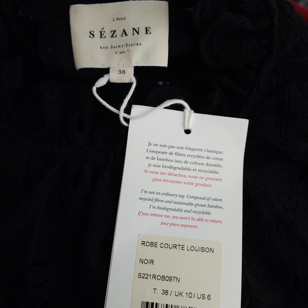 Sezane Court Louison Black Eyelet Short Sleeve Shift Dress US 6/FR 38 - Picture 7 of 9